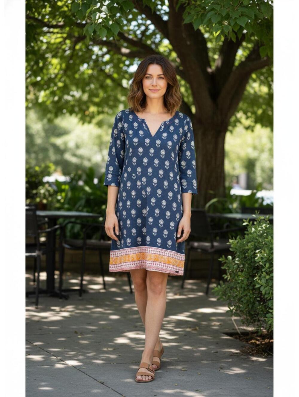 Hatley Blue Floral Patterned Boho Dress with Orange Border - Size S